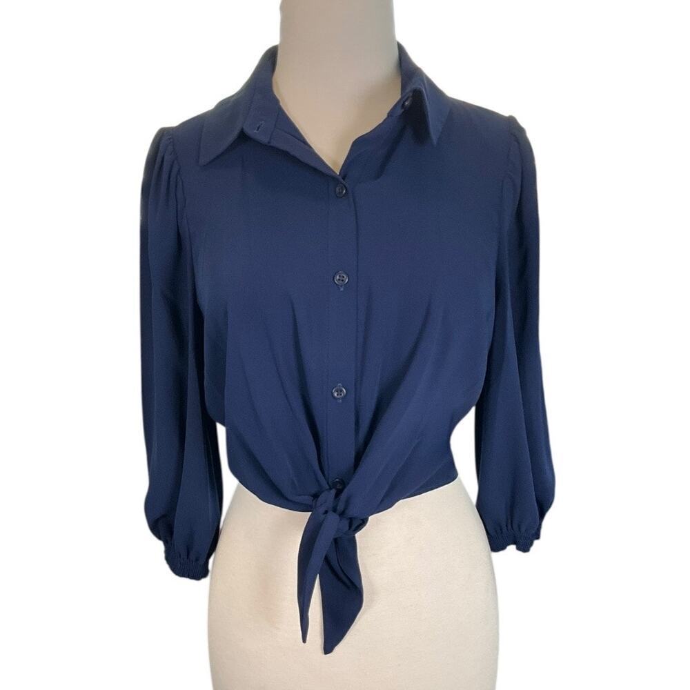 Gal Meets Glam Royal Blue Tie-Front Blouse Size 4 | Button Down Long Sleeve